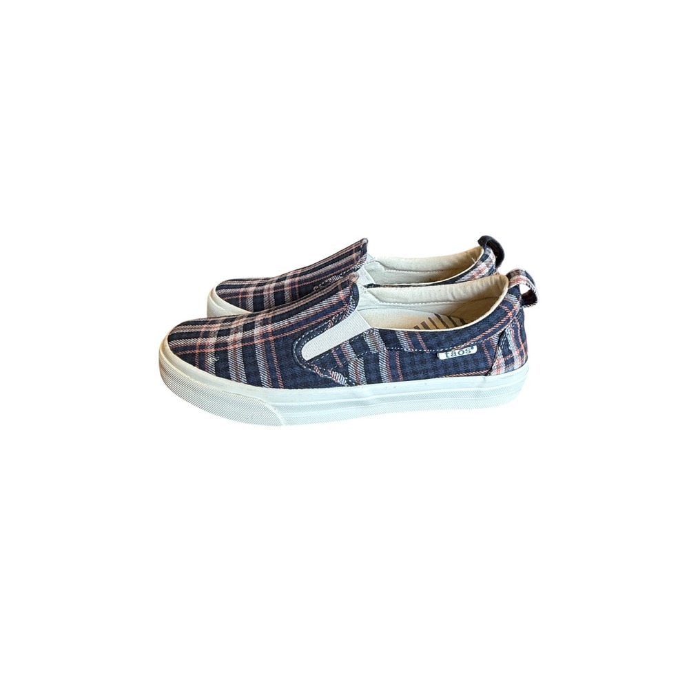 Taos Rubber Soul Plaid Canvas Slip On Sneakers Navy Orange White Women Size 8